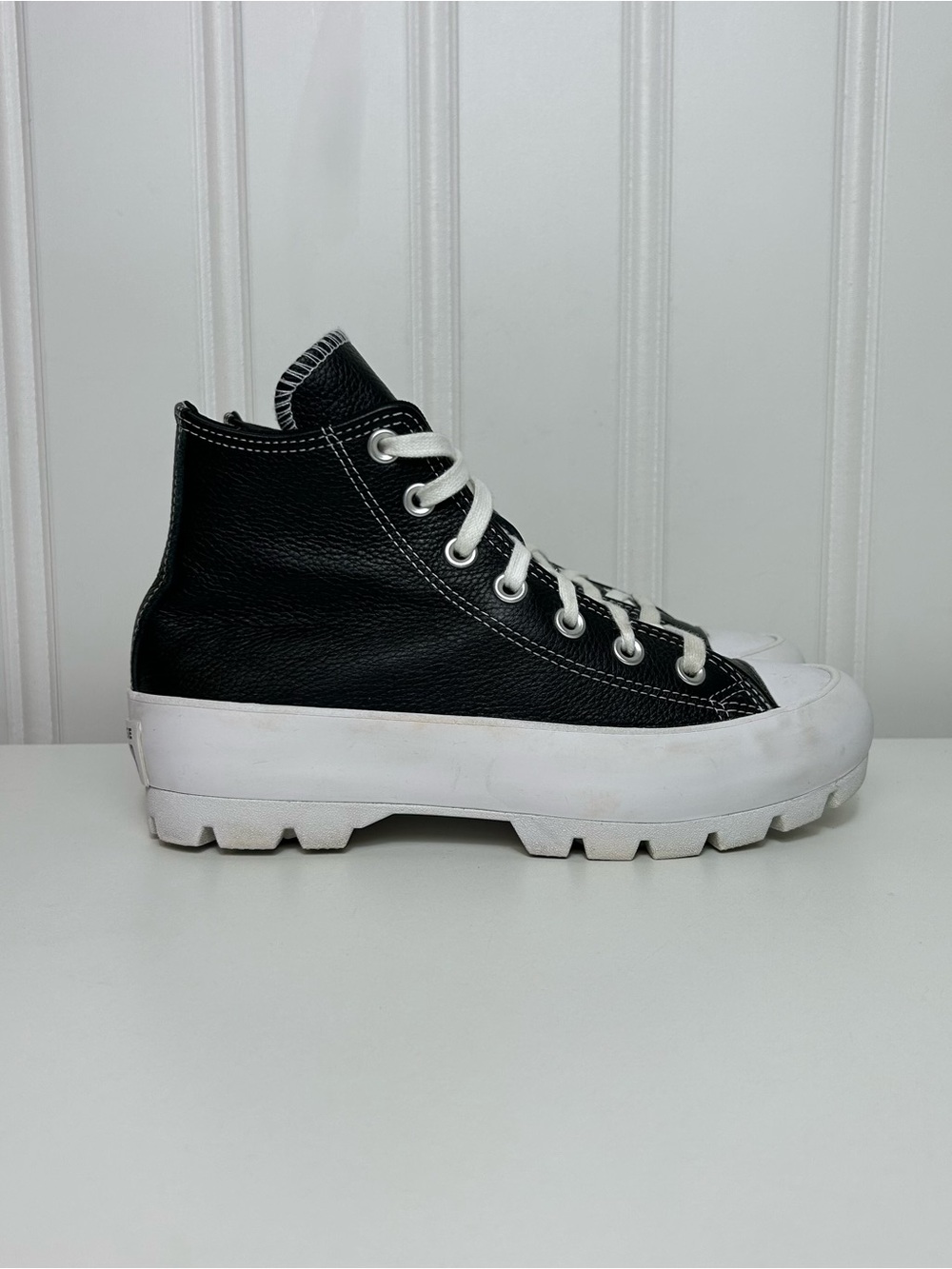 Converse ctas hi all star lugged black leather white lift platform lace women 7